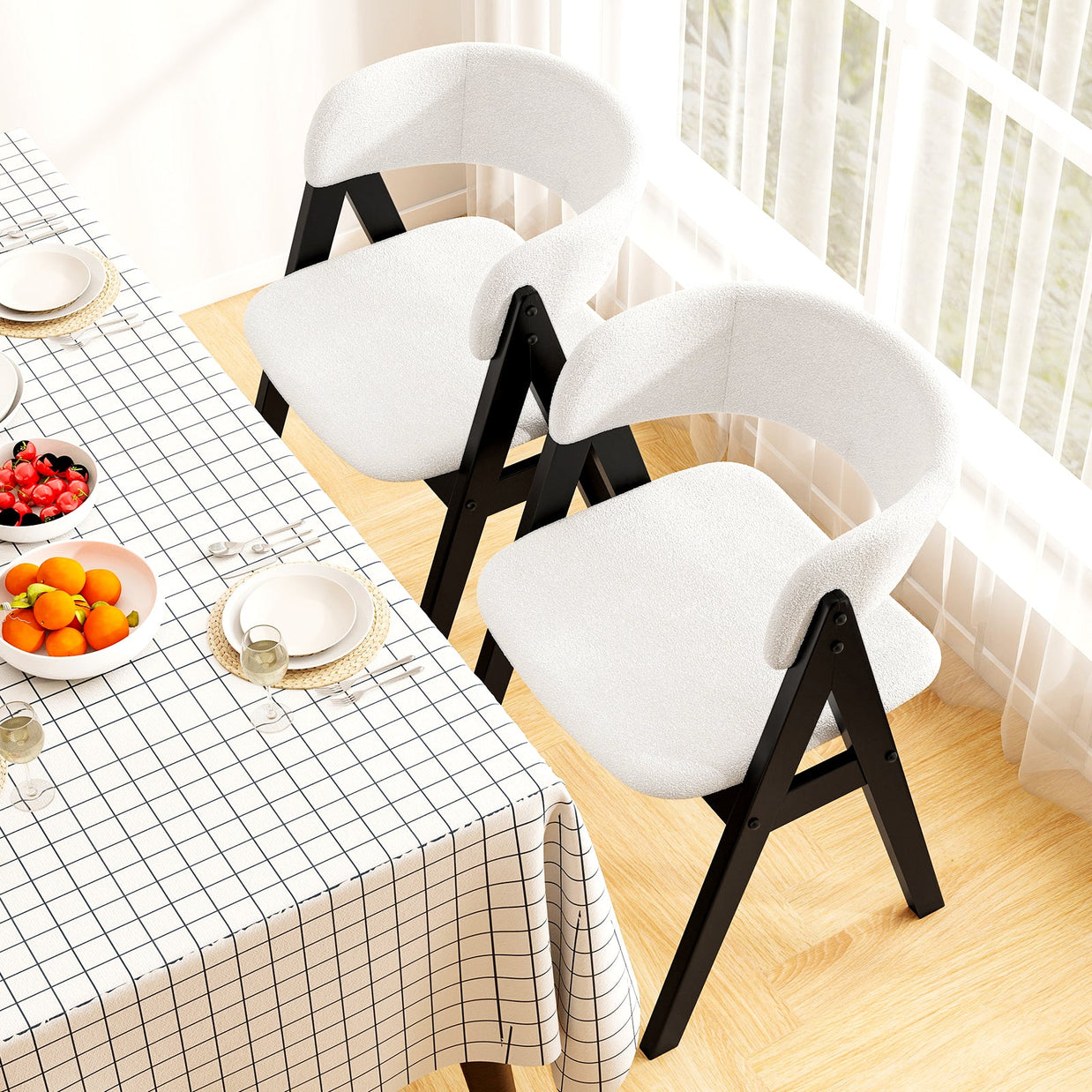 Wooden Dining Chair Set of 4 Mid-Century Modern Sherpa Upholstered Kitchen Dining Room Chairs