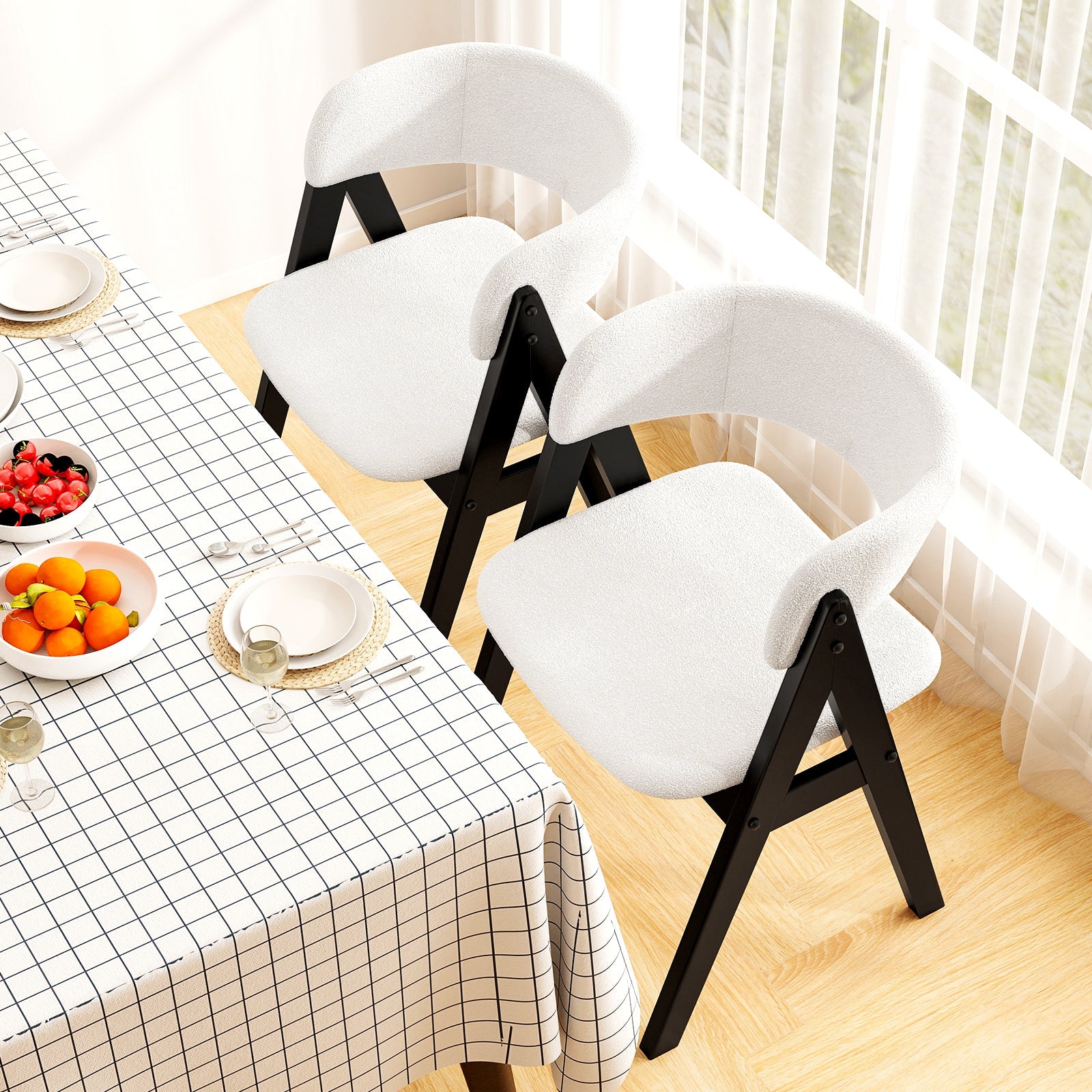 Wooden Dining Chair Set of 4 Mid-Century Modern Sherpa Upholstered Kitchen Dining Room Chairs