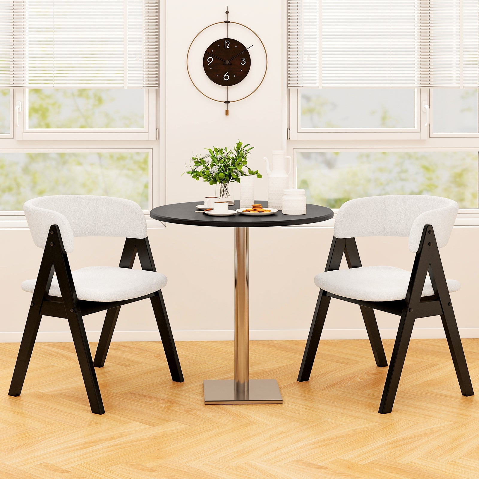 Wooden Dining Chair Set of 4 Mid-Century Modern Sherpa Upholstered Kitchen Dining Room Chairs