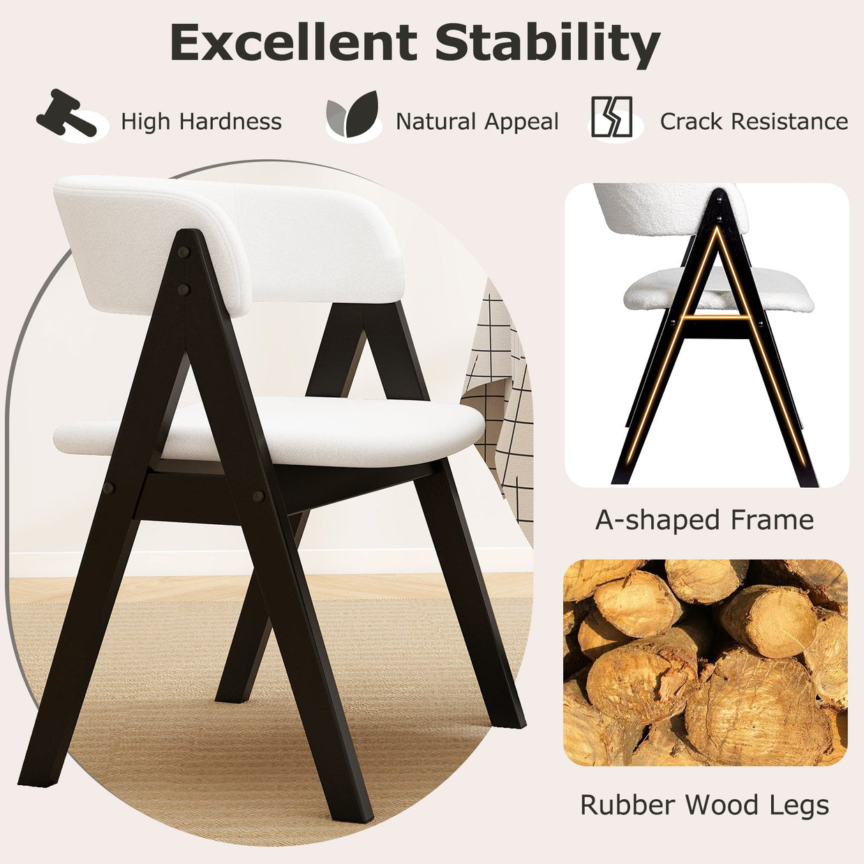 Wooden Dining Chair Set of 4 Mid-Century Modern Sherpa Upholstered Kitchen Dining Room Chairs