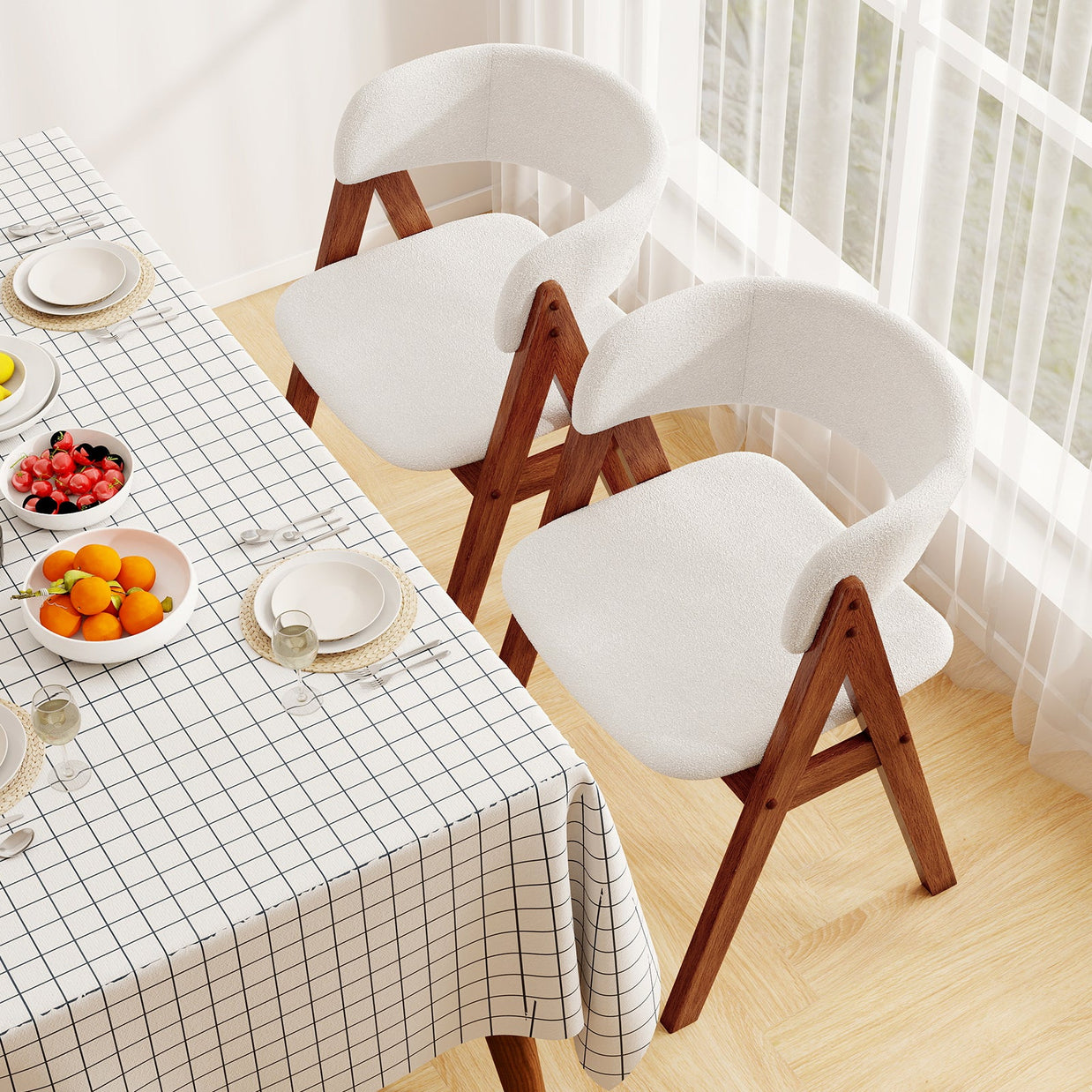 Wooden Dining Chair Set of 4 Mid-Century Modern Sherpa Upholstered Kitchen Dining Room Chairs
