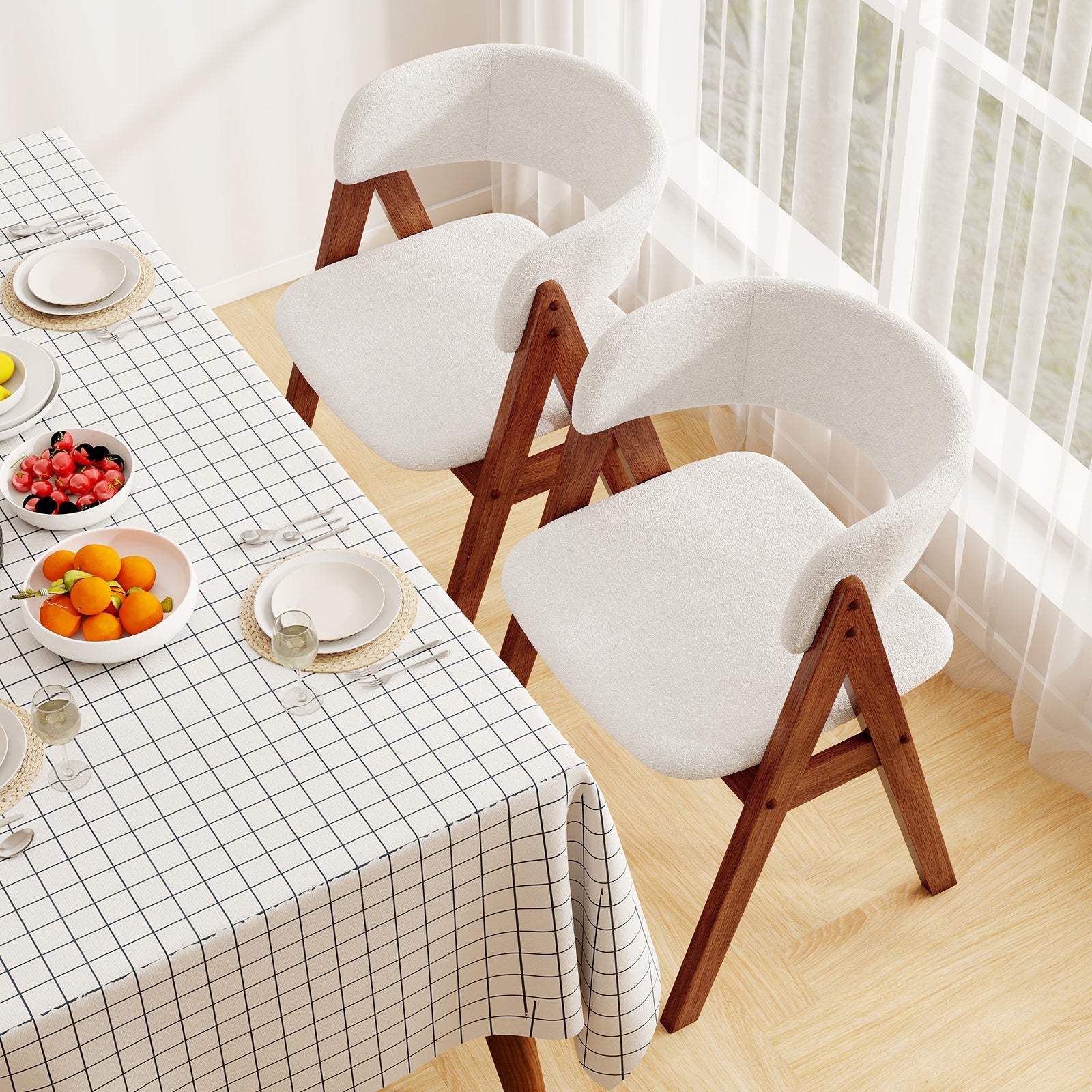Wooden Dining Chair Set of 4 Mid-Century Modern Sherpa Upholstered Kitchen Dining Room Chairs