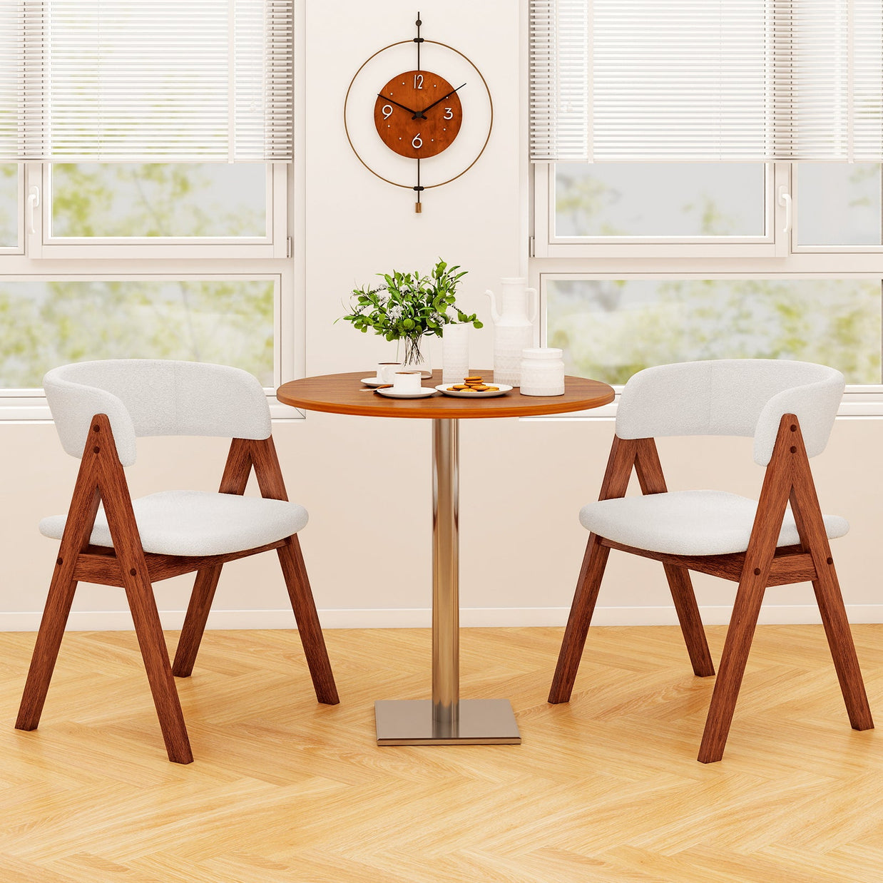 Wooden Dining Chair Set of 4 Mid-Century Modern Sherpa Upholstered Kitchen Dining Room Chairs