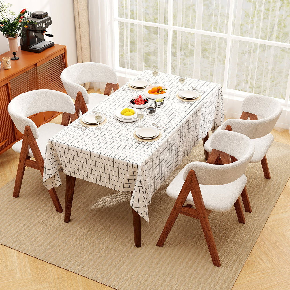 Wooden Dining Chair Set of 4 Mid-Century Modern Sherpa Upholstered Kitchen Dining Room Chairs