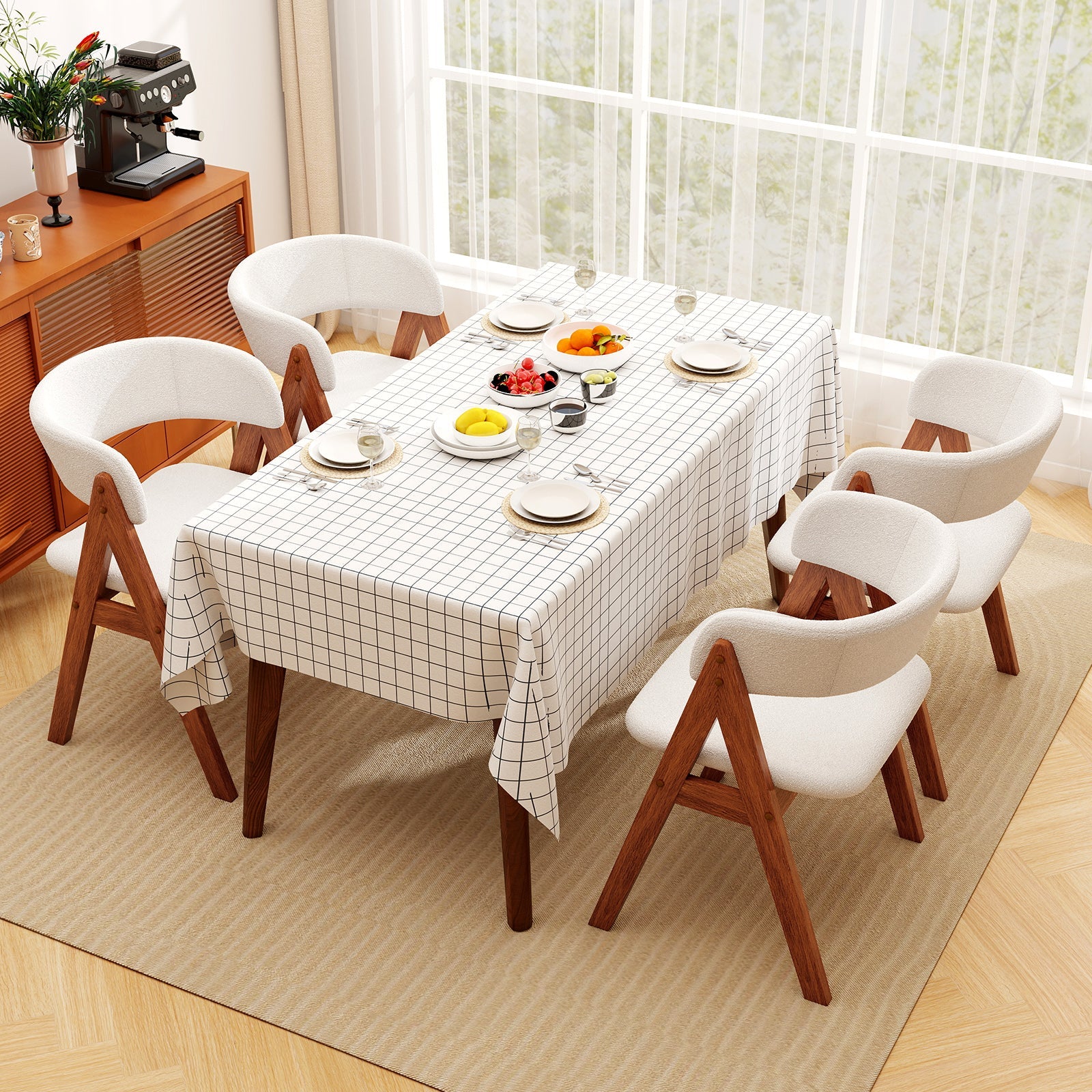 Wooden Dining Chair Set of 4 Mid-Century Modern Sherpa Upholstered Kitchen Dining Room Chairs