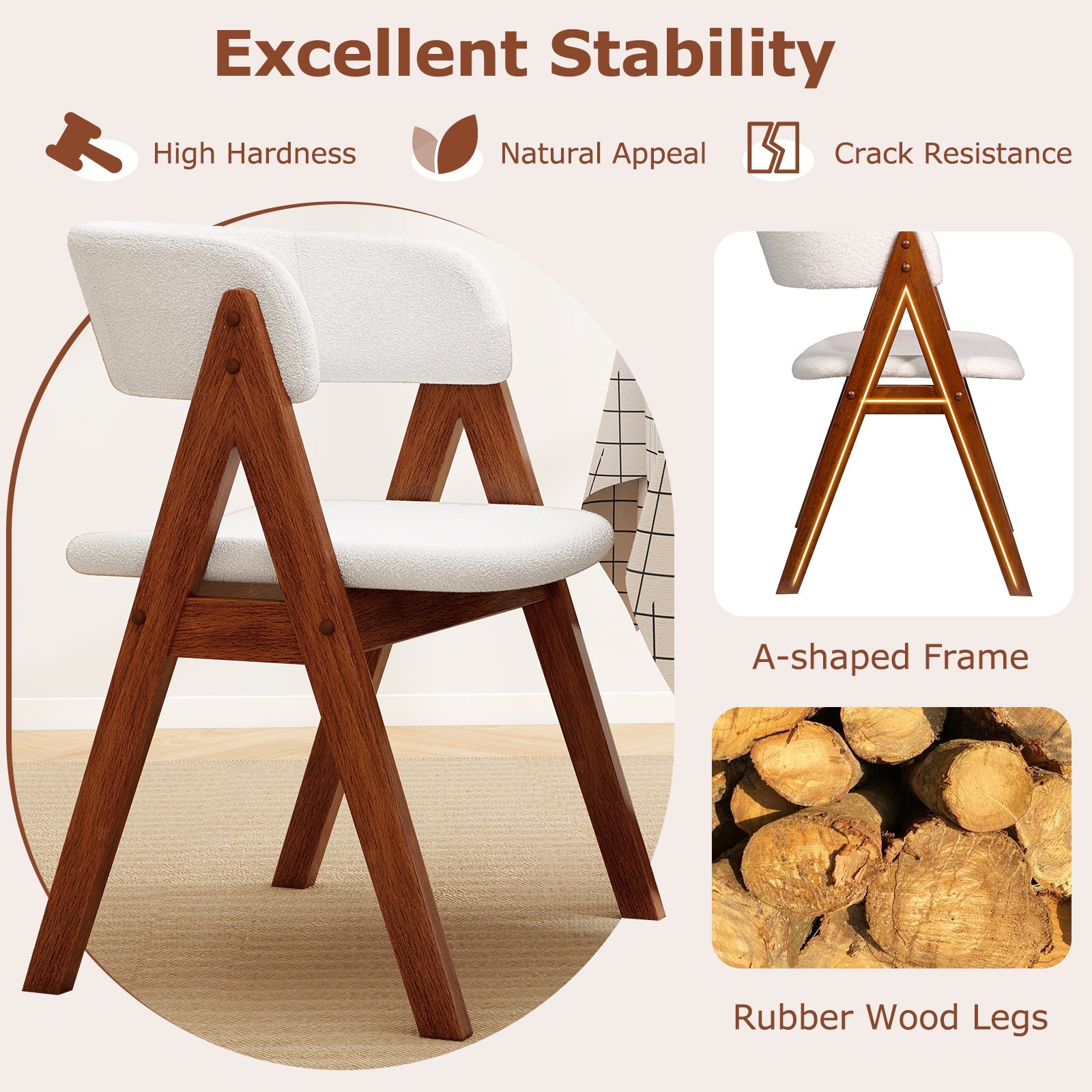Wooden Dining Chair Set of 4 Mid-Century Modern Sherpa Upholstered Kitchen Dining Room Chairs