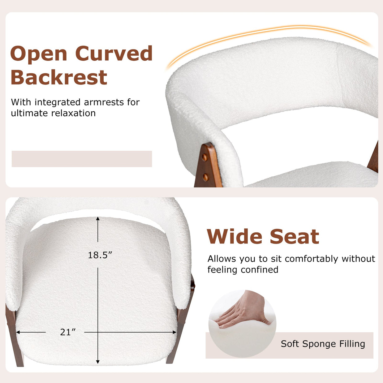 Wooden Dining Chair Set of 4 Mid-Century Modern Sherpa Upholstered Kitchen Dining Room Chairs
